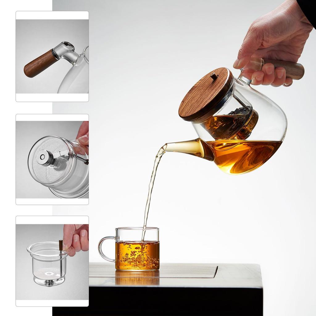 Pokaro Teekanne aus hitzebeständigem Glas, Fassungsvermögen 870 ml, mit herausnehmbarem Teefilter, einfache und bequeme Zubereitung, durchsichtige Teekanne, hitzebeständig,
