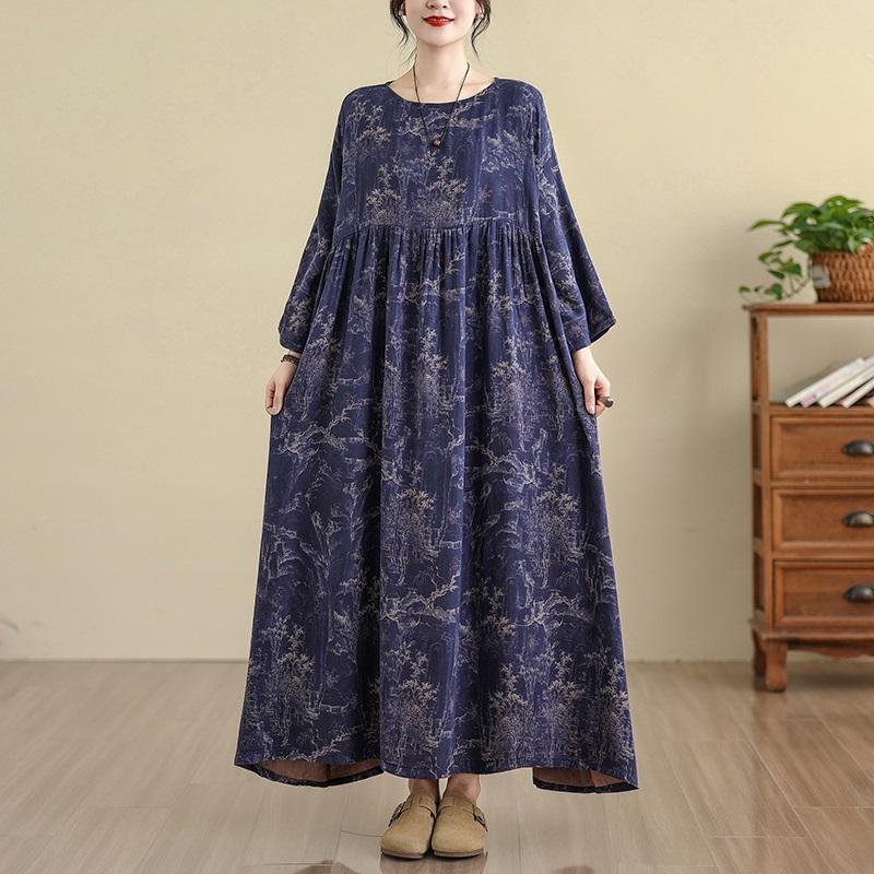 Plus Size Cotton Vintage Floral New In Dresses for Women Casual Loose Long Spring Autumn Dress