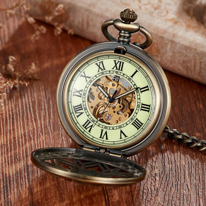 New Product Retro Prismatic Hollow Flip Roman Text Luminous Fully Automatic Mechanical Pocket Watch