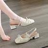 Fashion Summer New Bow Wrapped Sandals Women's Fashion Block Heel Square Toe Shallow Mouth Back Trip Band Kitten Heel Shoes