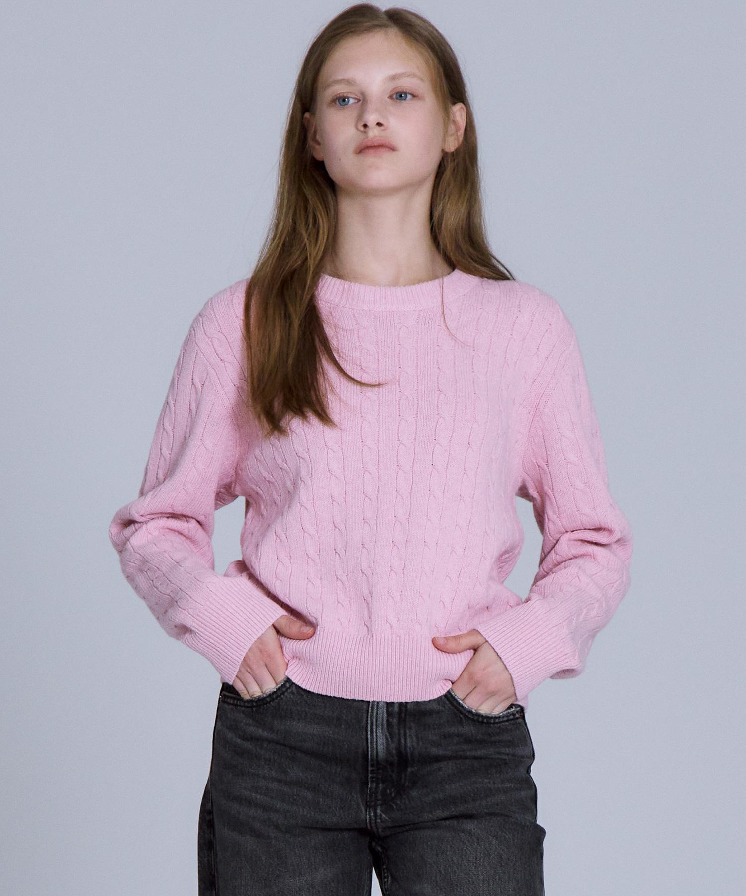 Basic House Women S Cable Round Neck Crop Knit Pink Lykt7201 Mg/090