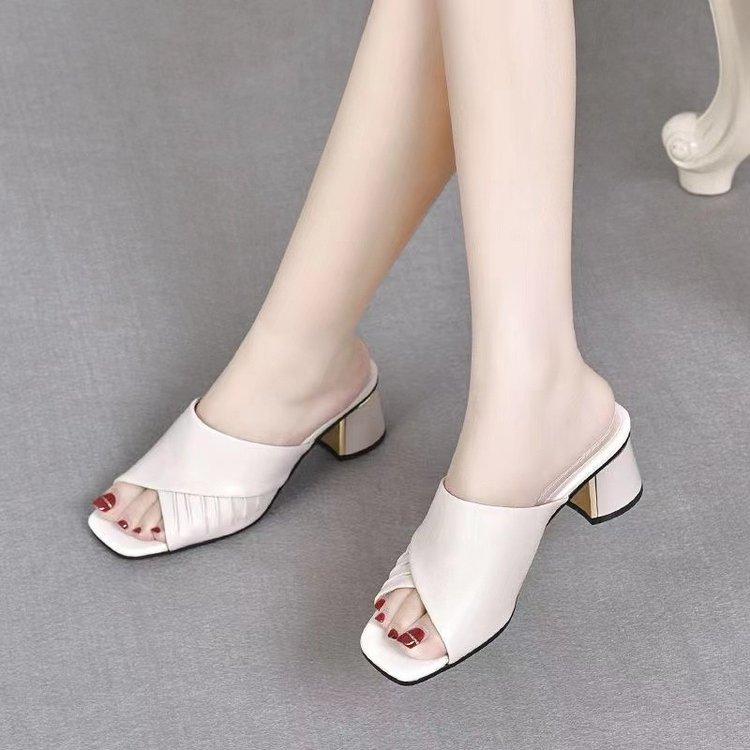 Soft leather cool slippers women's 2025 summer new women's versatile outer wear medium heel thick heel sandals fish mouth women's high heels