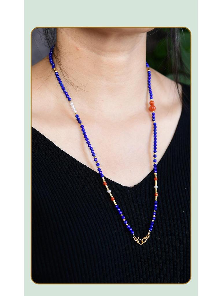 Naturalny Lapis Lazuli i Południowy Czerwony Agat Perłowy Naszyjnik & Bransoletka z Koralików ze Srebra 925 Zestaw