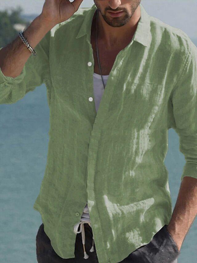 Men's Cross-Border Linen Spring and Summer Beach Long Sleeve Solid Color Casual Shirt Daily Shirt