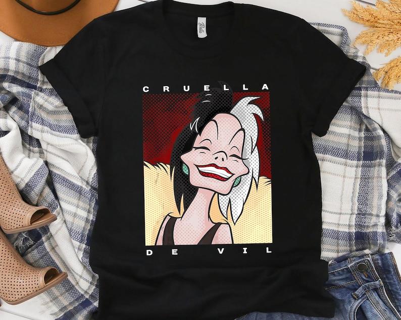 Disney Villains 101 Dalmatians Cruella De Vil Comic Poster Shirt, Unisex T-shirt Family Birthday Gift Adult Kid Toddler Comfort Colors Tee 150