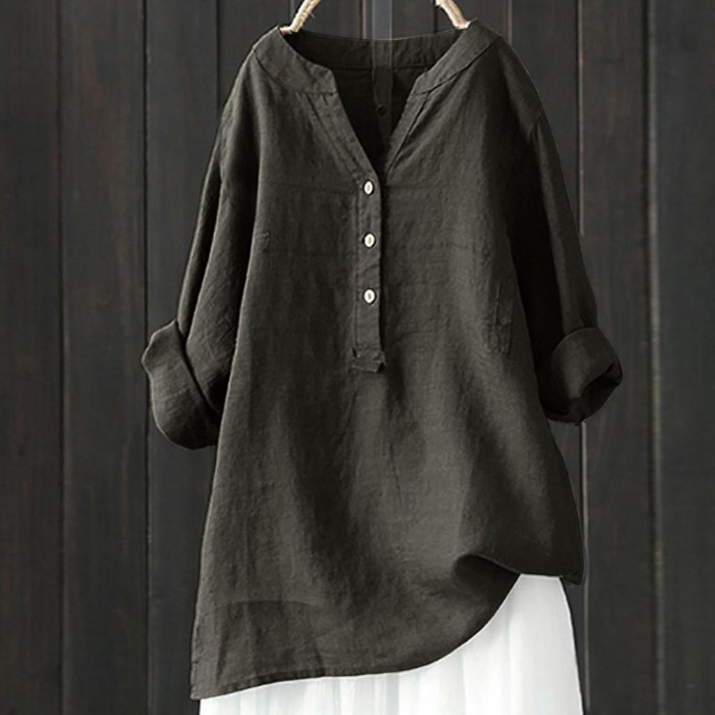 Women Cotton and Linen Top Button Down Blouse Ladies Tops Stand Collar Solid Women's Blouse Long Sleeve Casual Shirt Loose Tops