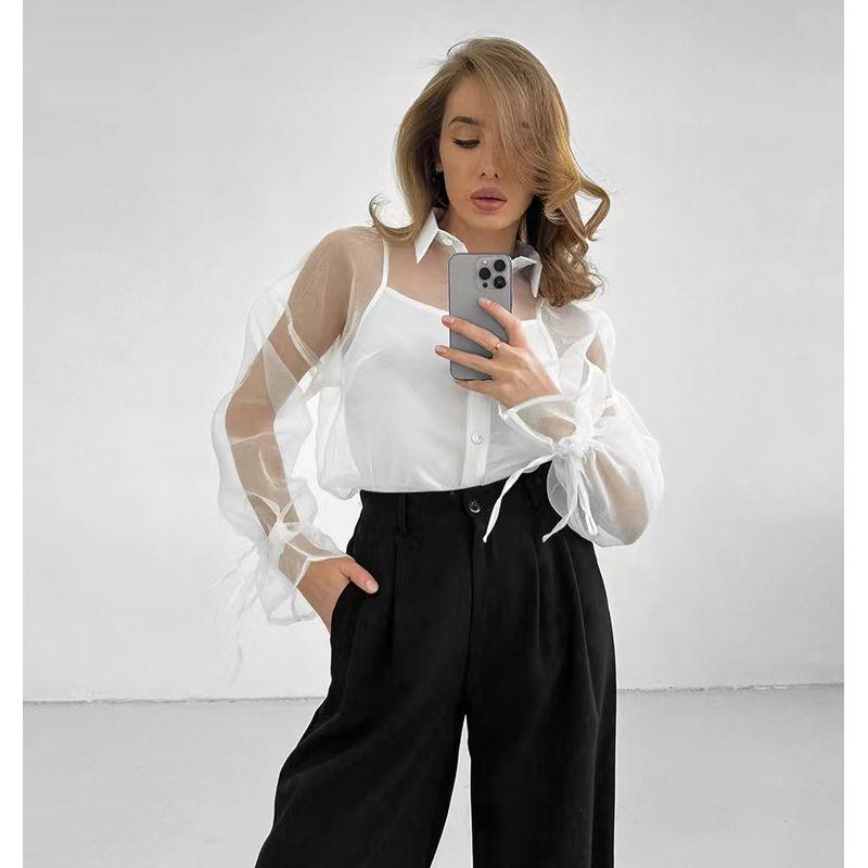 

European and American Summer Mesh Sexy Perspective Lapel Drawstring Shirt Mesh Sexy Special Shirt White S