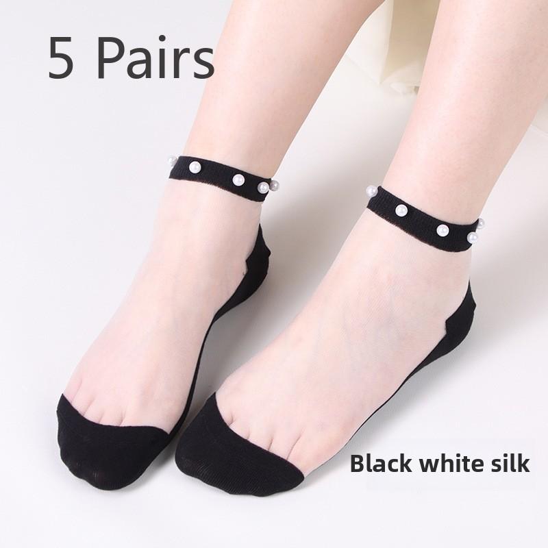 5 Pairs Pearl Socks Women's Socks Light Lace Summer Thin Mesh Transparent Glass Silk Crystal Socks