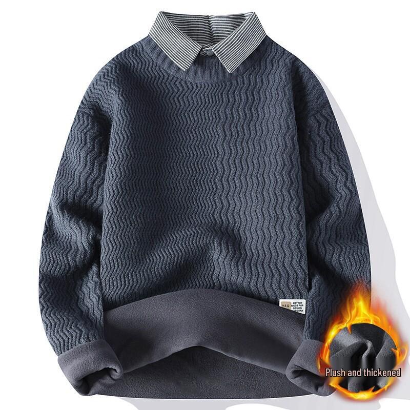 2024 Men's Autumn/Winter Loose Knit Sweater with Shirt Collar, Plus Velvet Two-Piece Look