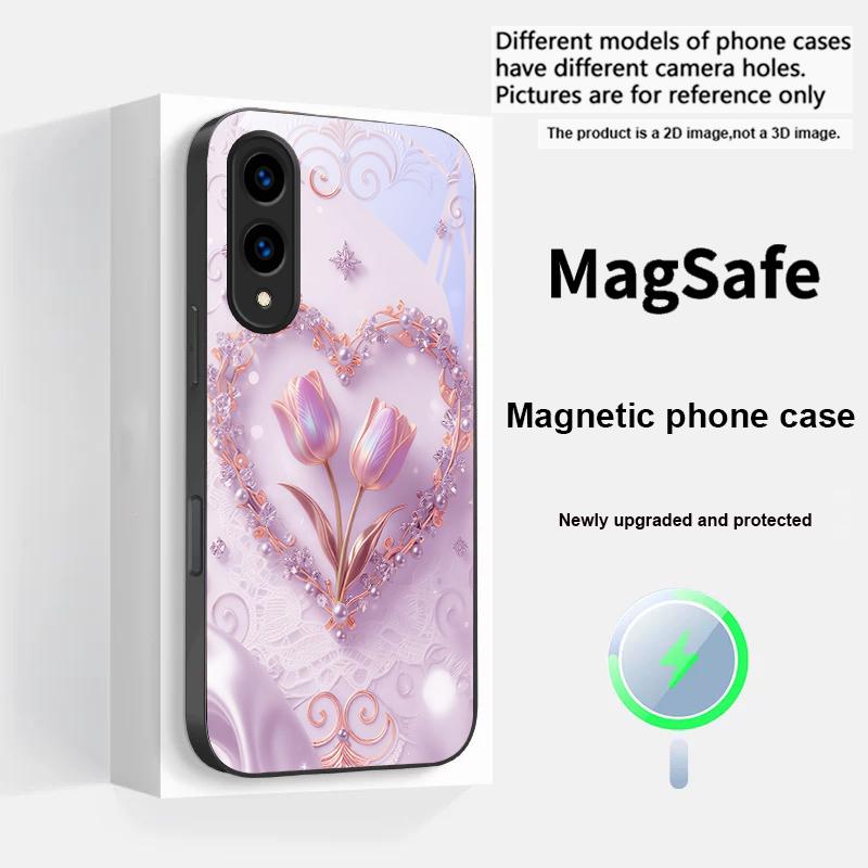 Love's Pink Purple Tulip For Magsafe Samsung S25 S25 Edge S25Ultra S8 9 10 20 S21 Pro 22 Plus S23 FE S24 Ultra Glass Phone Case