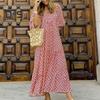 Women V Neck 3/4 Puff Sleeves Maxi Dress Bohemia Floral Print Stitching Flow Hem Loose Fit Beach Long Dress Casual Sundress