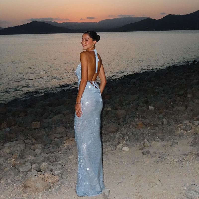 Elegantní flitrové společenské šaty bez zad pro ženy, plisé, šněrovací modré maxi večerní šaty, letní dámské tenké róby