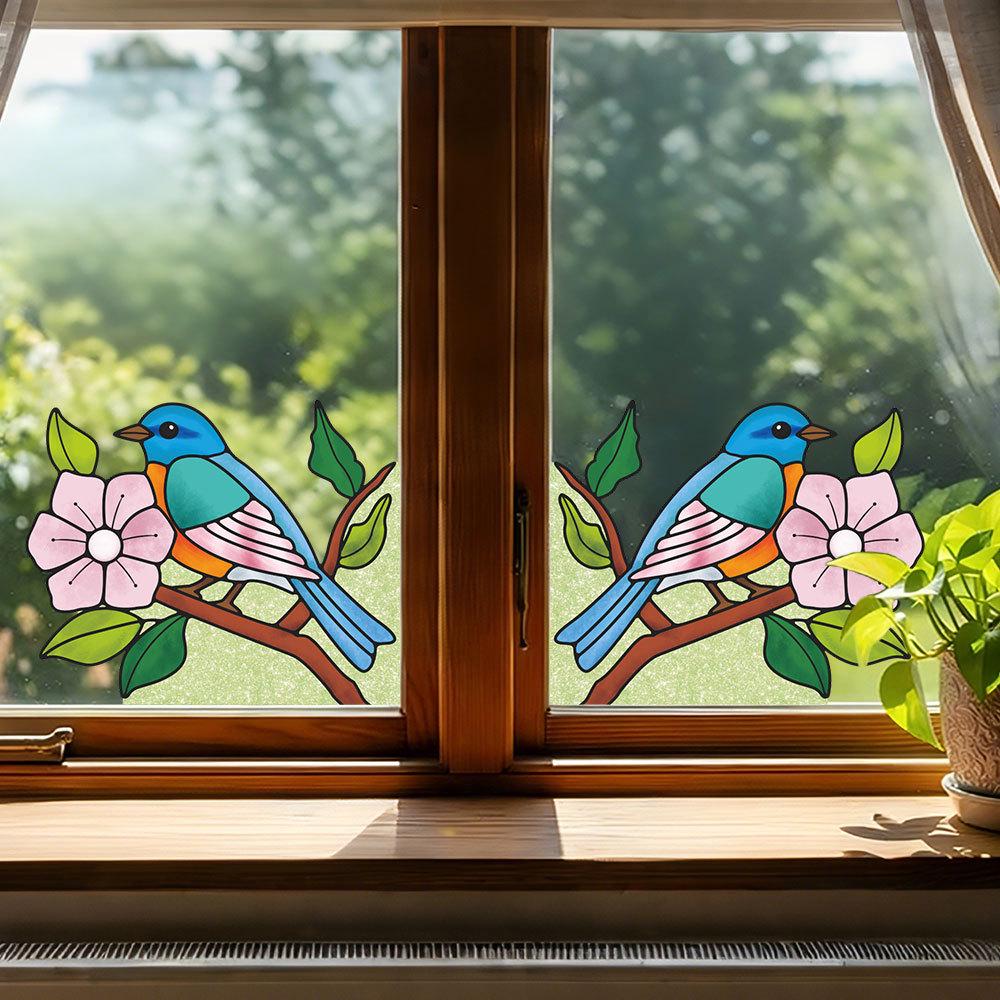 Double-Sided Transparent Window Sticker: Colored Flower & Bird Corner Glass Film with Adhesive