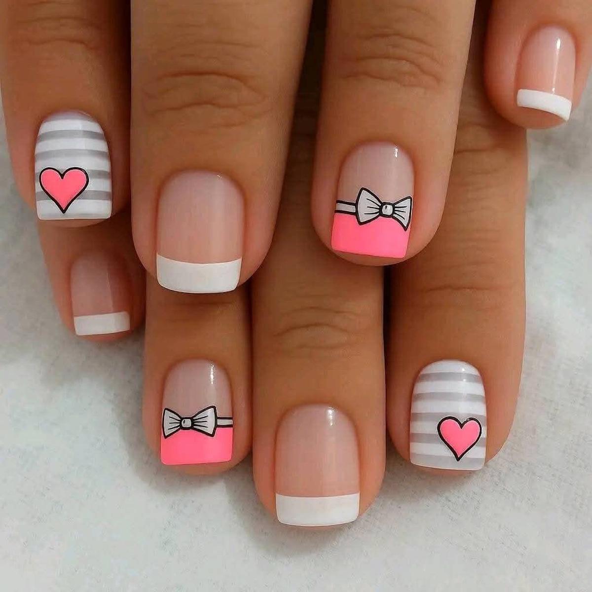 Medium-Length Square Fake Nails - Pink Hearts, Gray & White Stripes, Cute Bow, Euro-American Style F-940