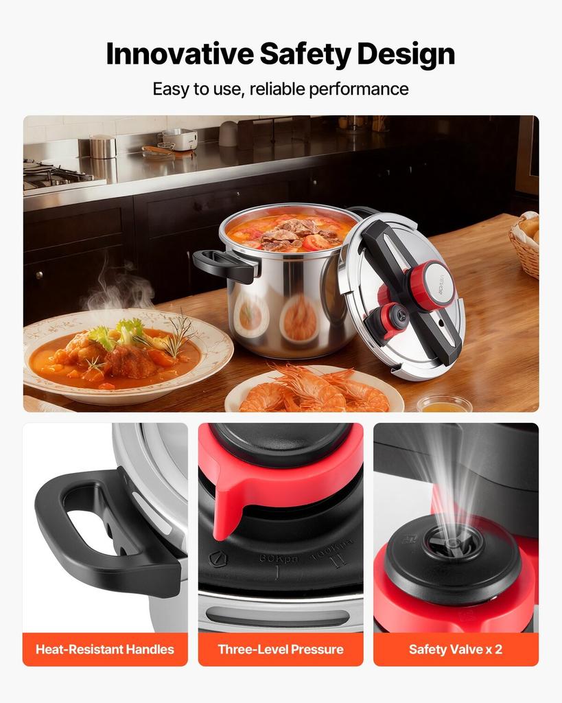 Pressure Cooker, 7L Pressure Cooker Stainless Steel, Pressures Canner with Steaming Rack, Tempered Glass Lid, Three Pressures Settings for Meat,