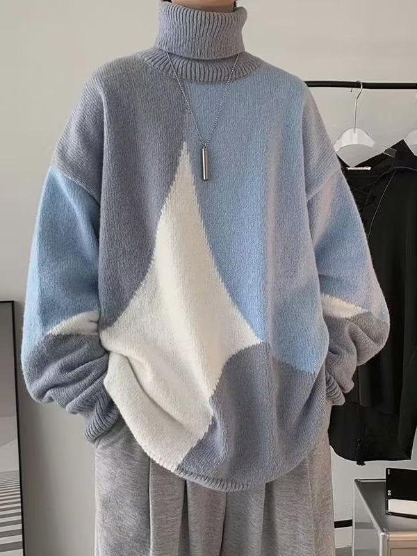 Men's Patchwork Contrast Pullover: Artistic High Neck Knitwear for Autumn/Winter