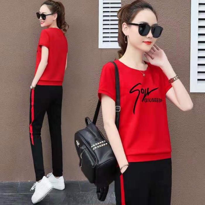 Sports Suit Women's Summer Fashion Round Neck Short-sleeved Trousers Sportswear Korean Version Slim Casual Two-piece Set