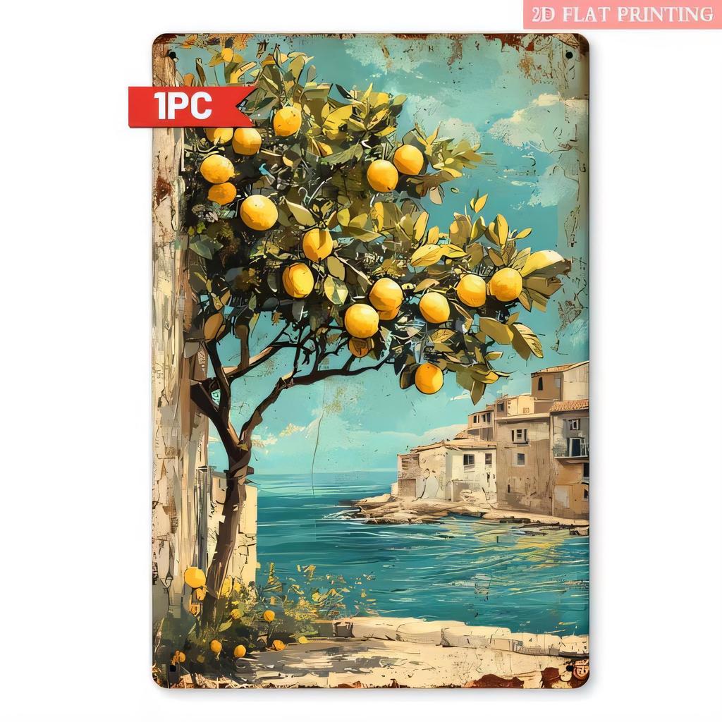 Tin Sign Vintage Lemon Tree Beach Landscape Printing Metal Wall Plaque Retro Coastal Decor for Home Bar Pub Cafe Garage Man Cav