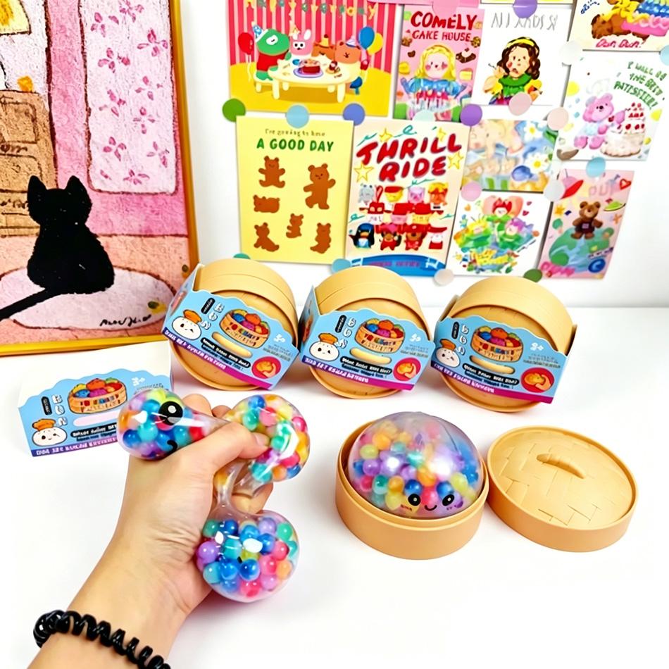 Hot Rainbow Dumpling Squishy with Bead Sensory Squeeze Toys for Stress Relief with Bamboo Steamer Funny Kawaii Toy Gifts