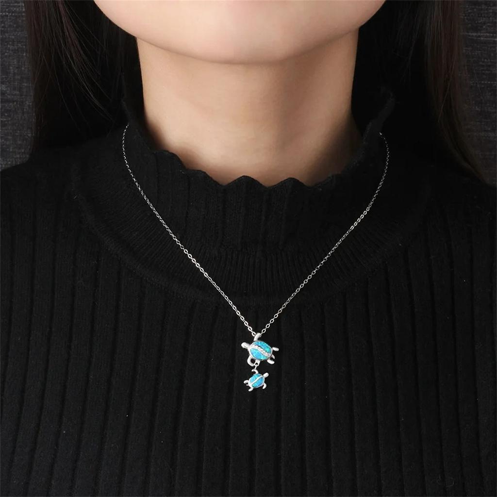 Bohemia Charm Turtle Pendant Necklace For Women Inlay Crystal Blue Imitation Opal Necklace Jewelry Gift for Her