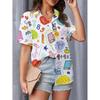 Women Casual Short Sleeve Button Up Shirt Cartoon Book Apple Stationery Pattern Trendy Hot Item Machine Washable Top