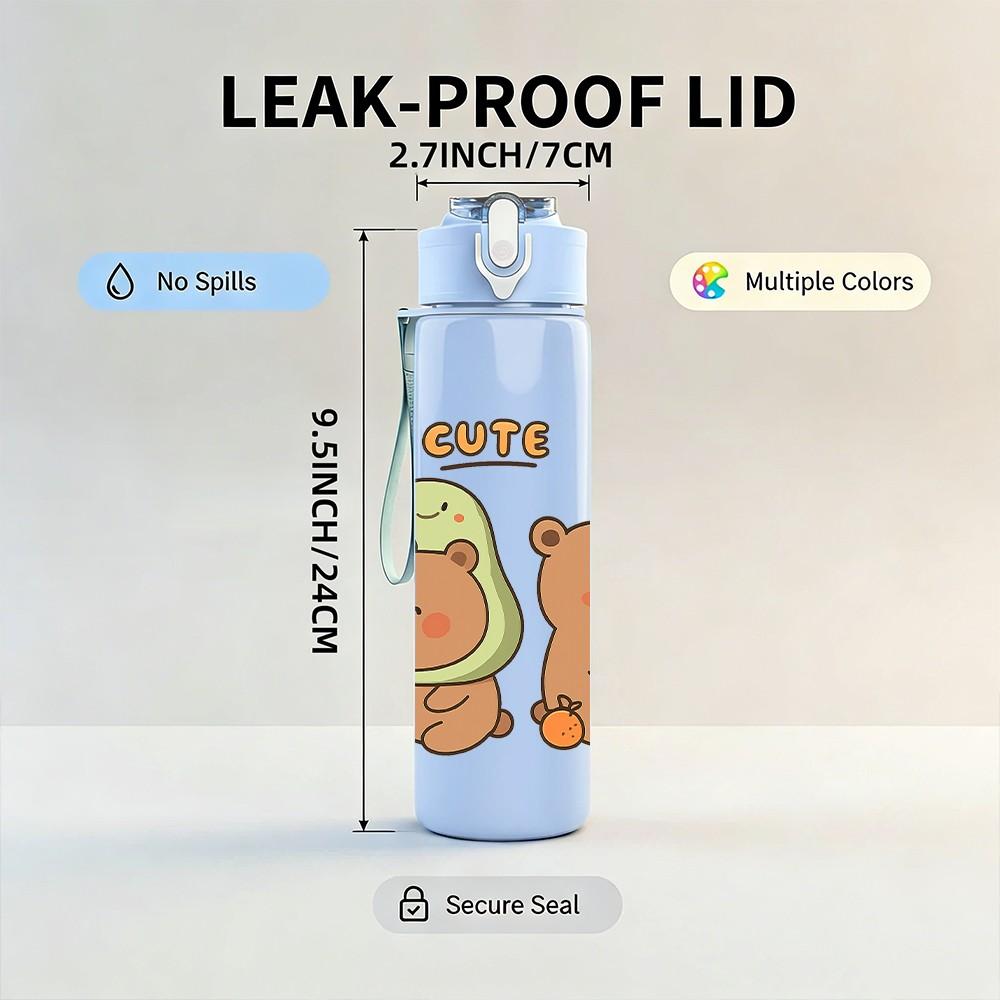 1PC Bear Avocado Cute Cartoon 750ml Color Plastic Sports Water Bottle Leakproof Flip Straw Lid Suitable for Sports Office Home Use