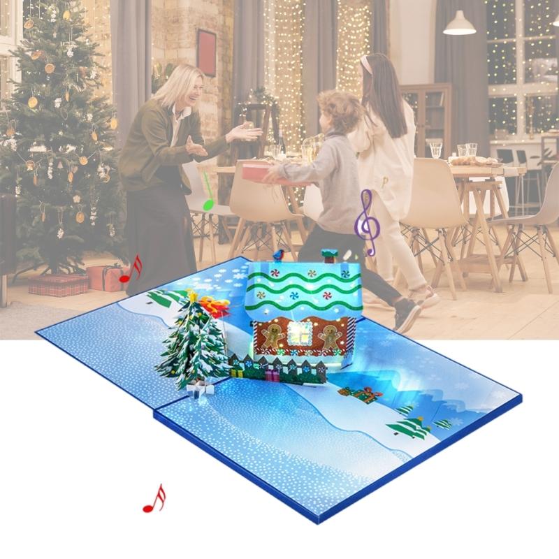 LED Işıklı Müzikli Noel Kartı Katlanabilir 3D Açılır Tebrik Kartı Zarfıyla El Yapımı Davetiye Kartpostalı