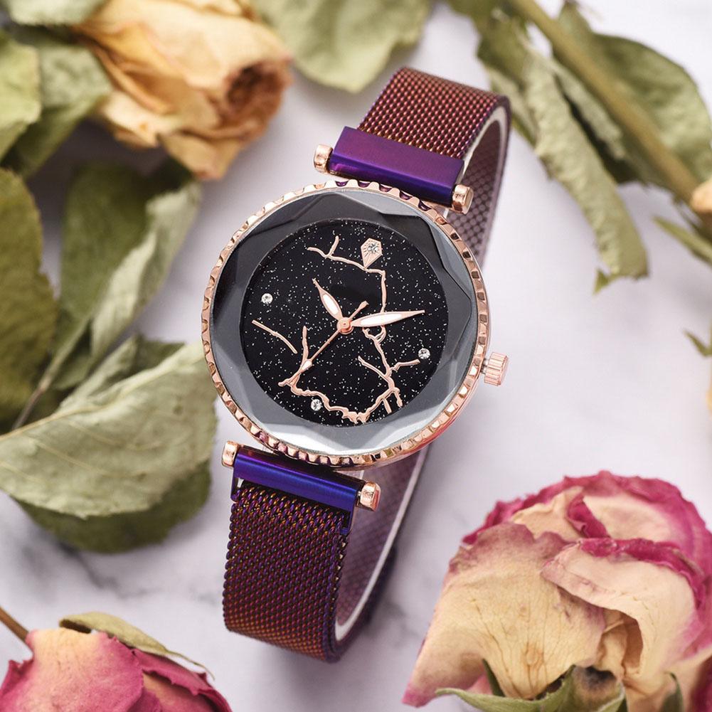 Vintage Women Lady Alloy Watch Mesh Strap Round Dial Quartz Wristwatch (Purple)