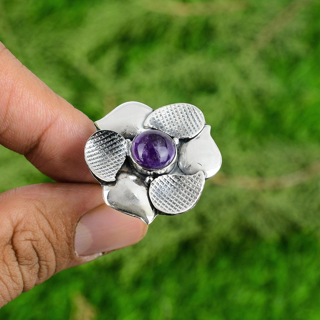 Sterling Silver February African Amethyst Stone Solitaire Flower Ring Jewelry