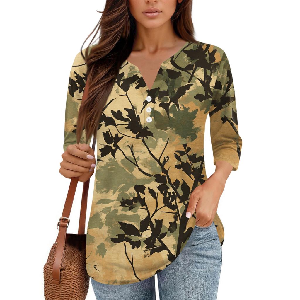 Damen V-Ausschnitt Freizeit Dreiviertelarm Knopf-Detail Top mit Blumenmuster
