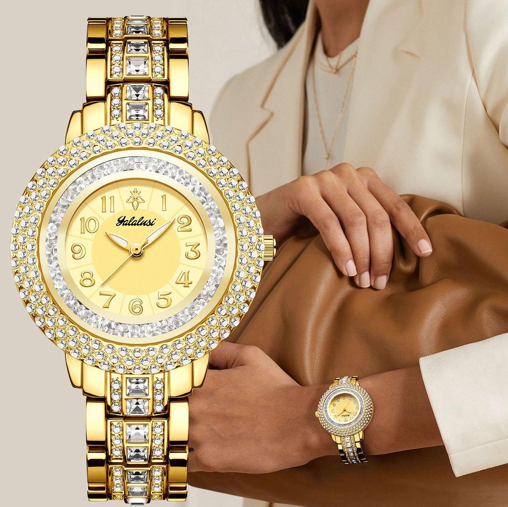 Yalalusi Women's Luxury Gold Diamond Quartz Watch - Fashionable, Waterproof, and Elegant Casual Wristwatch.