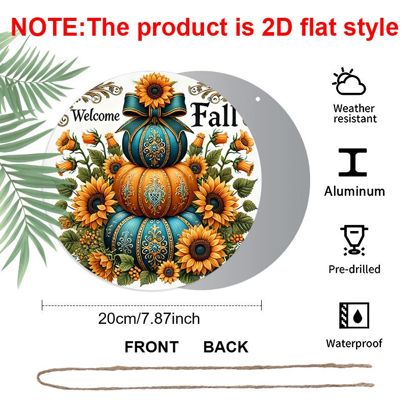 2D Flat, 1pc Round Waterproof Aluminum Hanging Sign, Vintage Welcome Fall Stacked Teal Orange Pumpkin Sunflower Bow Print, Farmhouse Metal Plaque