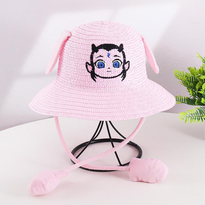 Rabbit Hat Children'S Straw Hat Summer Sunscreen Visor Hat Ear Moving Hat Nezha Aobeng Airbag Hat