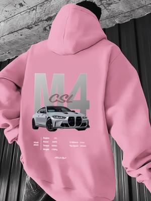 Męska czerwona bluza z kapturem M4 Racing - Inspirowana grafika z białym motywem wyścigowym, sznurek, kieszeń kangurka, luźny krój