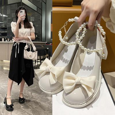 Women's Leather Shoes Spring and Summer New Bow Pearl Chain Skirt Chunky Heel High Heels