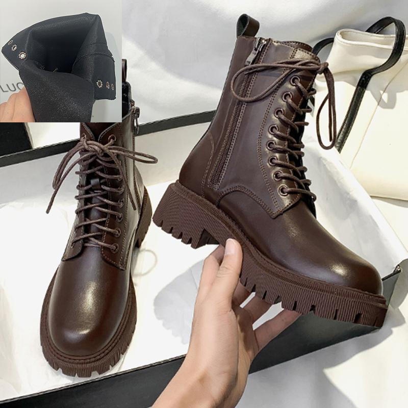 Vinterplatåstövletter Dam Höst Tjock Sula Motorcykelstövlar Kvinna Förtjocka Varma Snörskor Damer