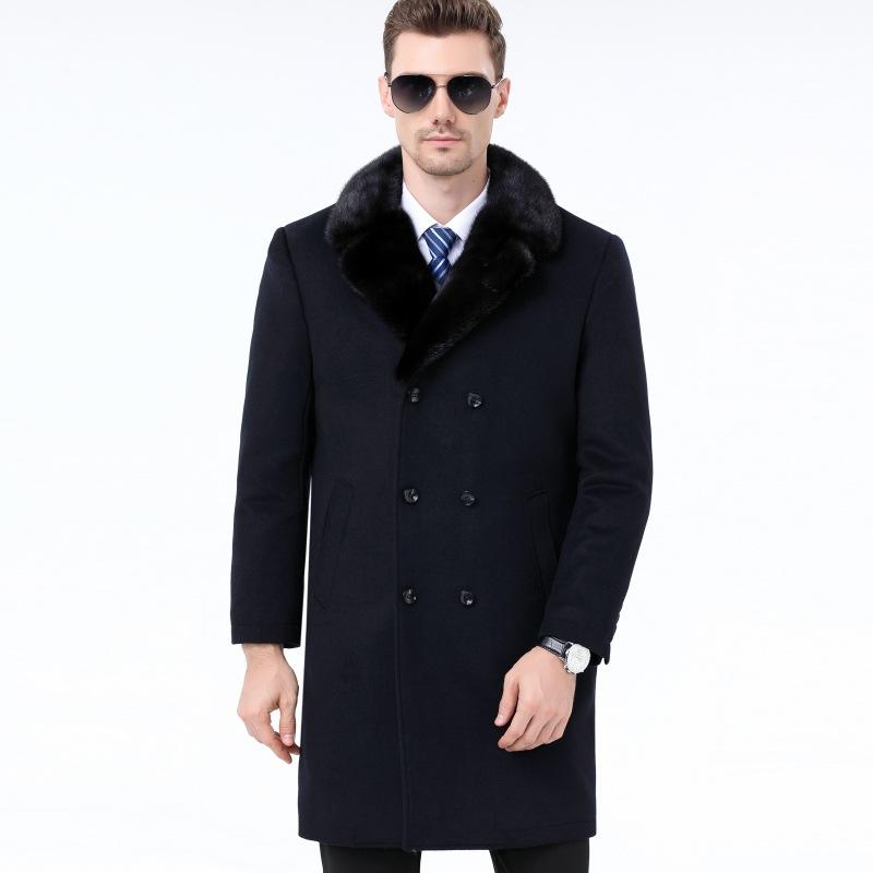 Men's Medium-length Woolen Coat, Rex Rabbit Lining, Removable Cashmere Nikon, Middle-aged Men's Mink Suit Collar Jacket