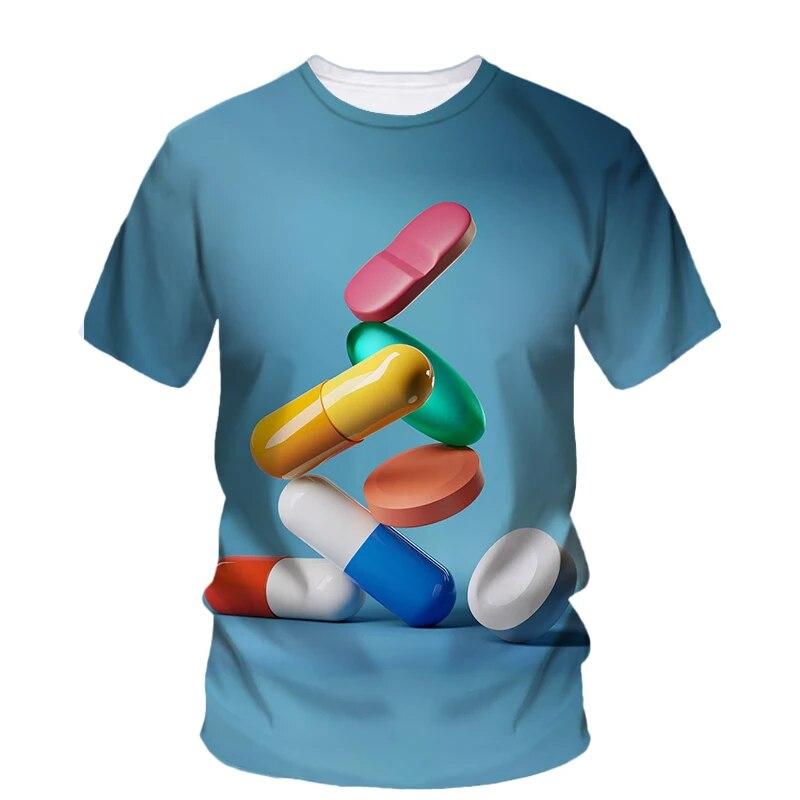 Modne nowe, oryginalność Pill Graphic T-shirty dla mężczyzn Casual Artystyczny trend osobowości Zabawne drukowane koszulki z krótkim rękawem i okrągłym dekoltem