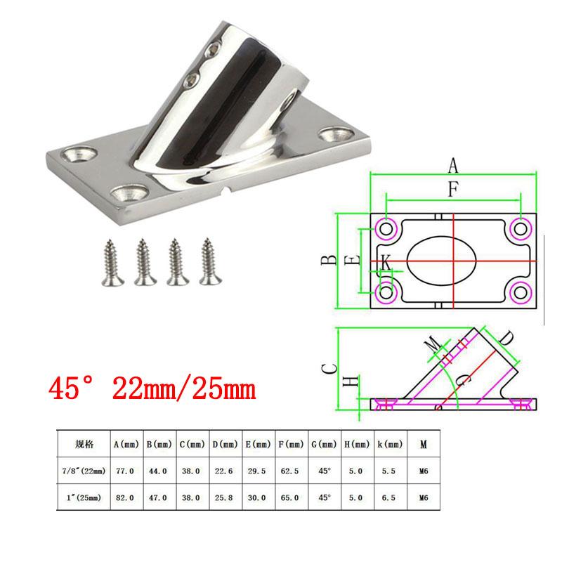 30/45 Graders 22/25mm Rektangulær Base Rustfritt Stål Båtdekk Håndrekksbeslag Støttefotbase For Båt Marine Yachter