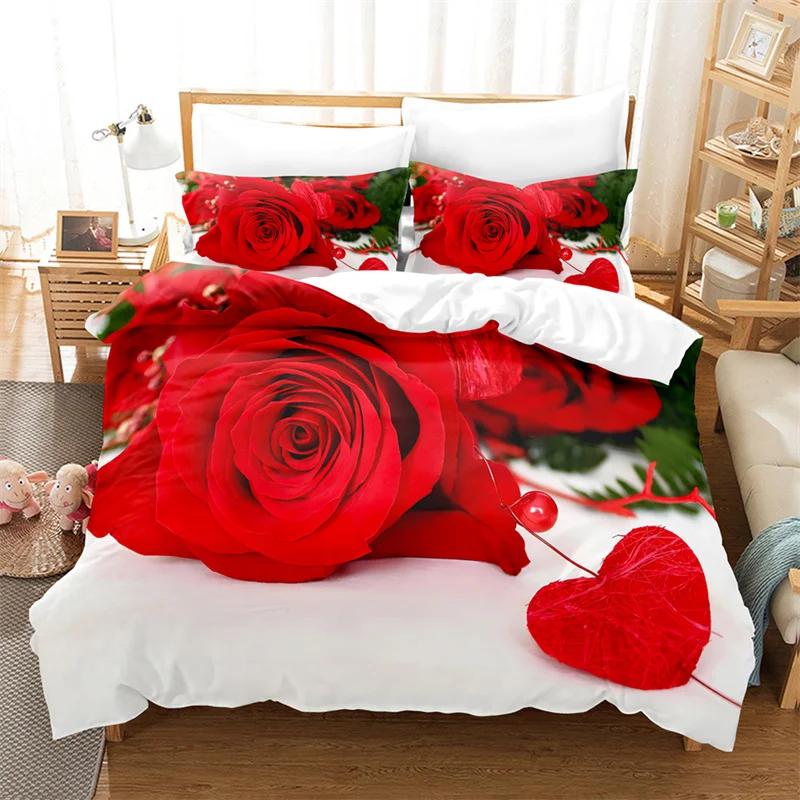 Red Rose Queen Size Duvet Cover 220X240 Bedding Set 3Pcs/2Pcs With Pillowcase Flower Quilt Cover For Double Bed Single Beds