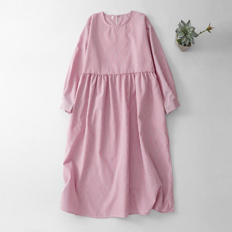 

2026 Spring New Coastal Pink Striped Cotton Pullover Dress - Soft, Comfortable & Casual with Round Neck & Long Sleeves. Medium (M)
