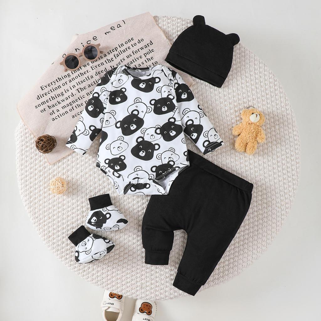 Moda 4 Colori 0-9 Mesi Neonato Orsetto Set Completo 4 Pezzi Autunno Tuta a Manica Lunga+Pantaloni+Cappello+Calzini Tuta Casual per Bambino Vestiti Regalo