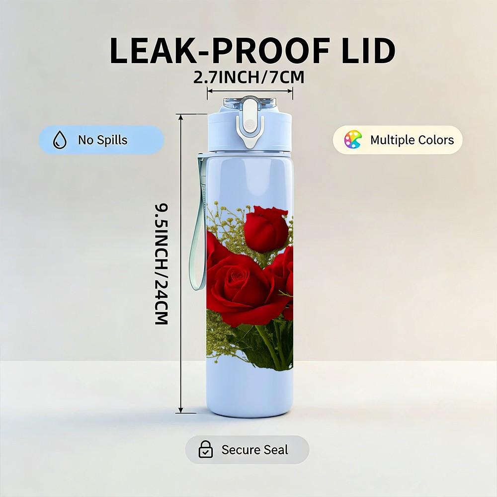 1PC Red Rose Bouquet Flower 750ml Color Plastic Sports Water Bottle Leakproof Flip Straw Lid Suitable for Sports Office Home Use