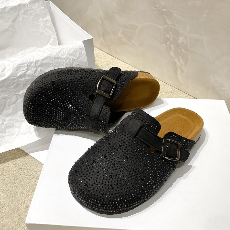 Korkfotbädd Tofflor För Kvinnor Män Mode Läder Mules Komfort Potatisskor Spänne Rem Kristall Bling Glans Inomhus Utomhus Platta Tofflor