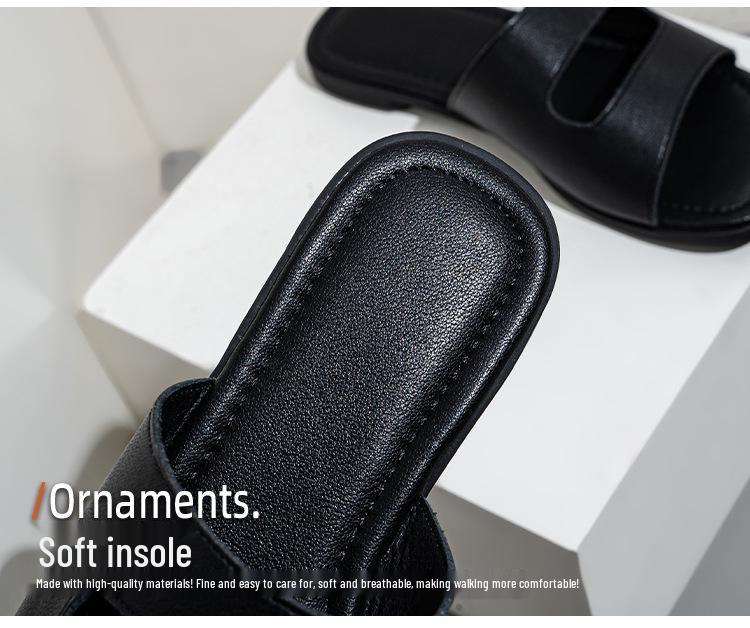 Plus Size Black Leather Flat Women's Sandals - Soft, Comfortable, Single Strap, Fashionable Hollow Outdoor Flip Flops
