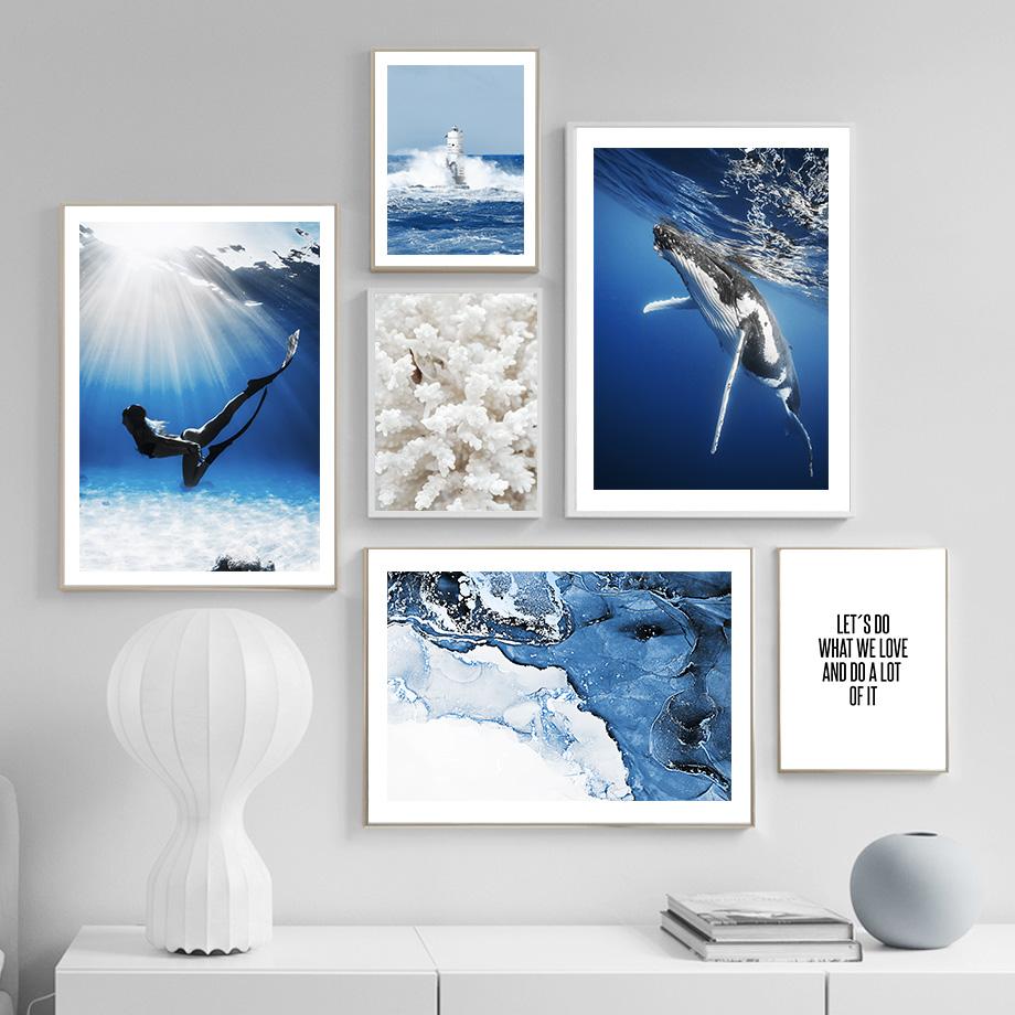 Blue Sea Whale Coral Lighthouse Marble Wall Art Canvas Painting Nordic Posters And Prints Wall Pictures For Living Room Decor