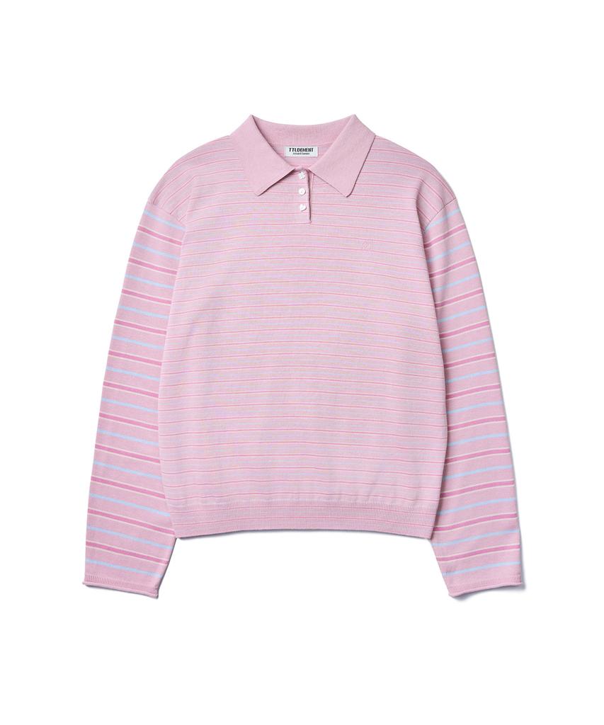 Tudument Stripe Long Sleeve Polo Knit_Pink