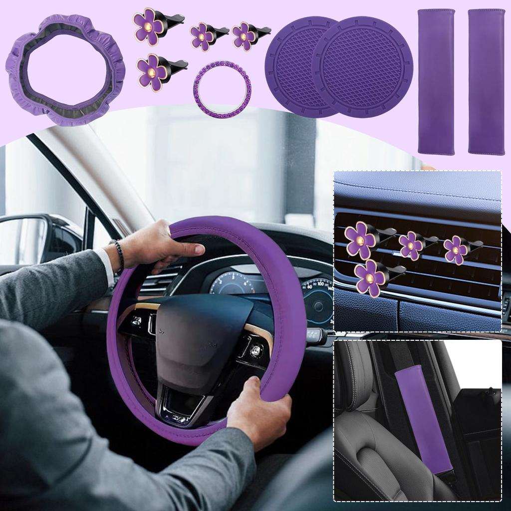 10pcs Women's Leather Steering Wheel Cover, Car Accessories Set With Seat Belt Shoulder Pads,  Start Button Ring Sticker, Vent Clip, Car Accessories