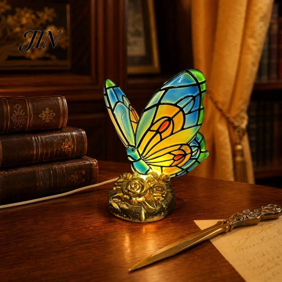 Study Desk Atmosphere Light Cute Bedside Table Lamp, Butterfly Rose Nightstand Lamps, Stained Glass Eye Protection Lamp Wing Shade, Bedroom Decor Home