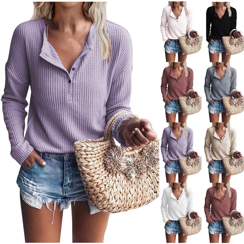 Women's Fashion V-Neck Pullover Button Long Sleeve Solid Color Slim Top